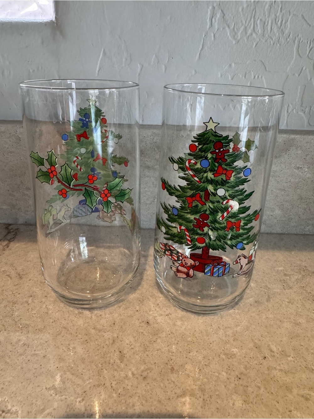 Holiday Glass Vase Set with Christmas Tree and Holly Designs